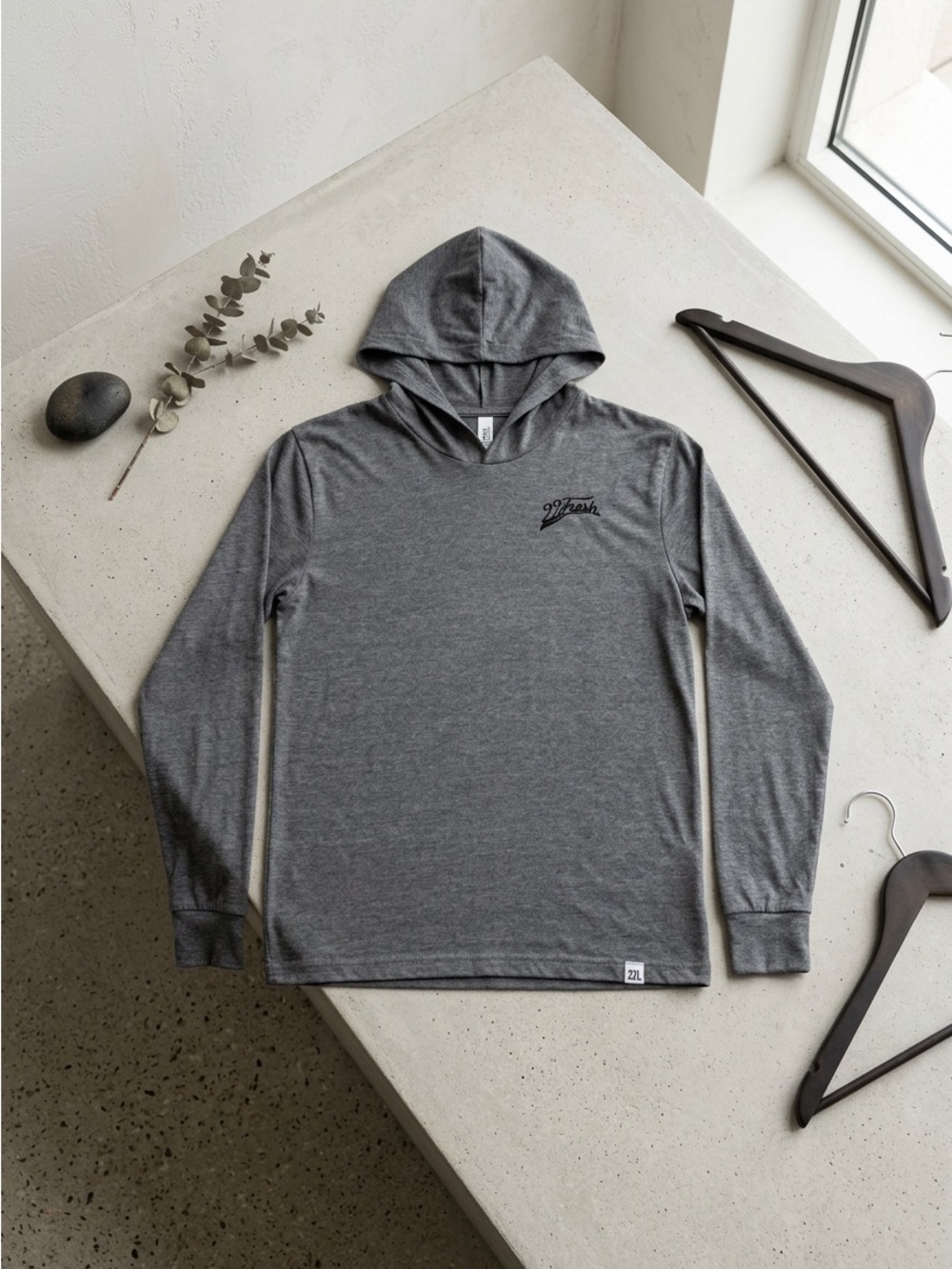 22 Fresh Charcoal Grey Long Sleeve Lightweight Hooded Tee Shirt Top Medium